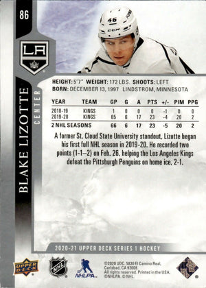 2020-21 Upper Deck Series 1 Hockey #86 Blake Lizotte - Los Angeles Kings