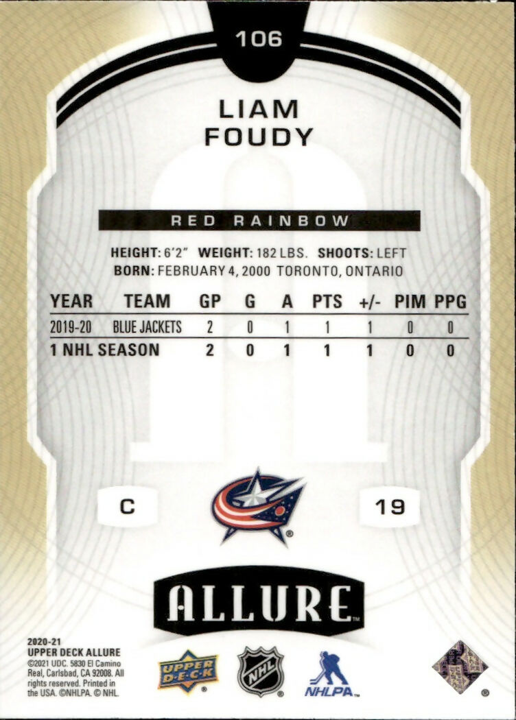 2020-21 Upper Deck Allure Hockey - Base - Red Rainbow #106 Liam Foudy - Columbus Blue Jackets - B