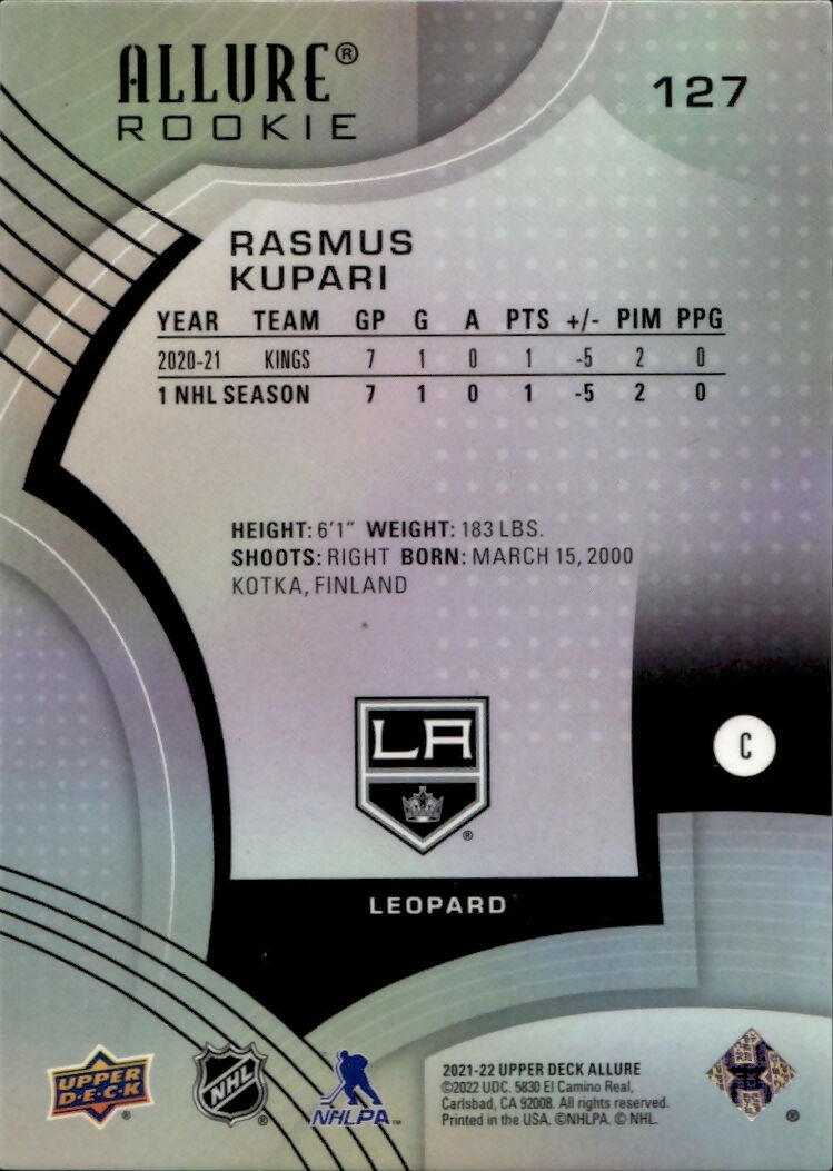 2021-22 Upper Deck Allure Hockey - Base - Rookie - Leopard #127 Rasmus Kupari - Los Angeles Kings - B