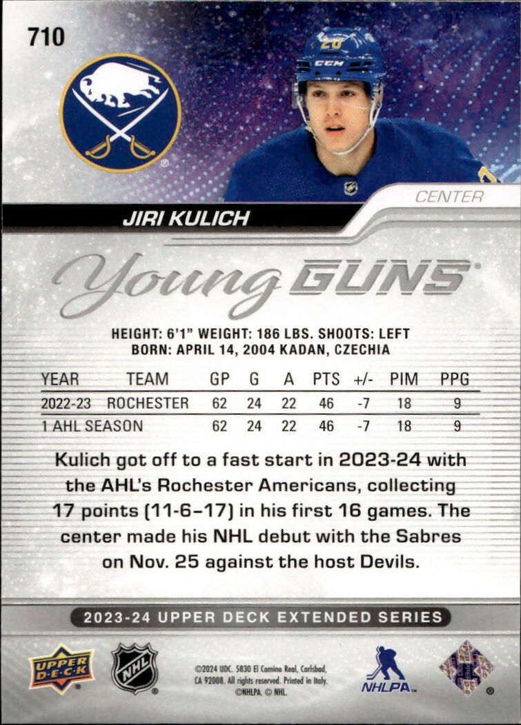 2023-24 Upper Deck Extended Series Hockey - Base - Young Guns #710 Jiri Kulich - Buffalo Sabres - B