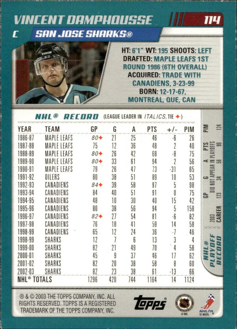 2003-04 O-Pee-Chee - Base - Blue :500 #114 Vincent Damphousse - San Jose Sharks - B