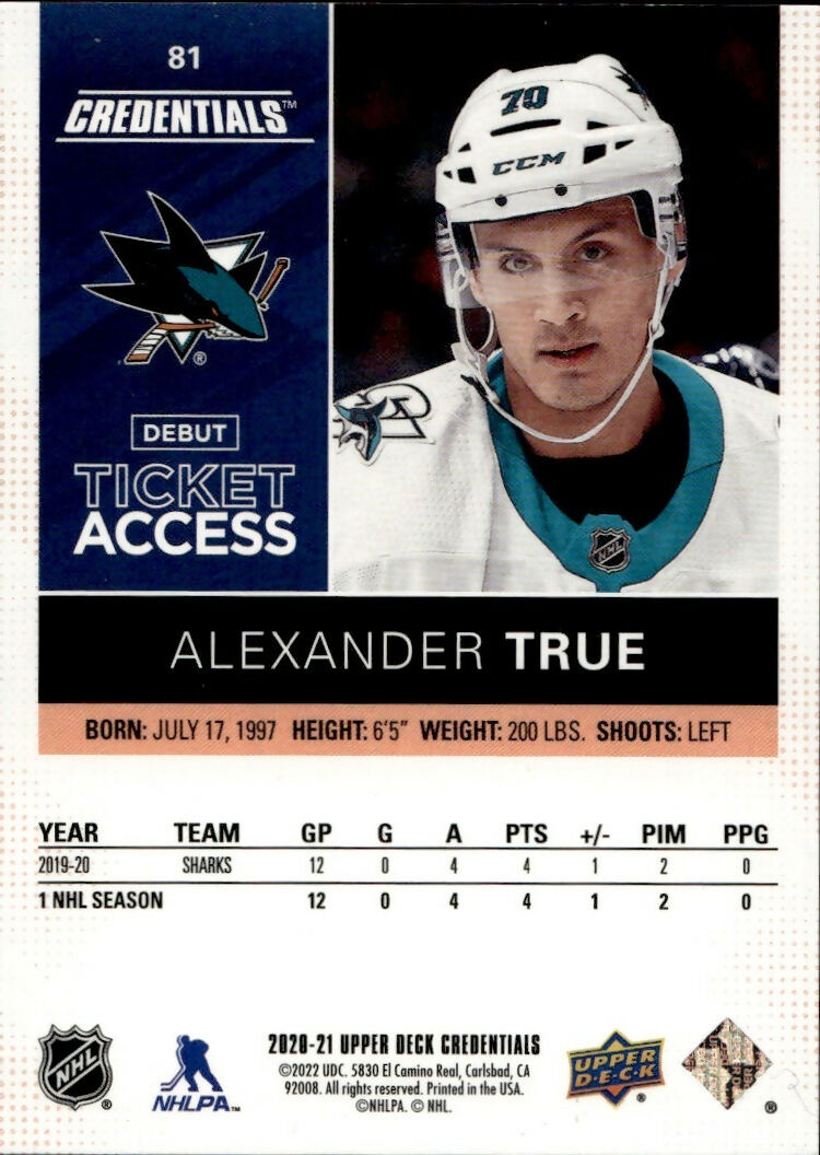 2021-22 Upper Deck Credentials - 2020-21 Debut Ticket Access - Orange :149 #81 Alexander True - San Jose Sharks - B