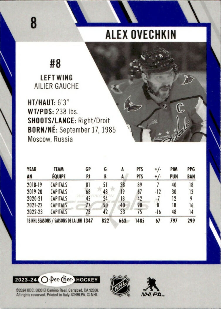 2023-24 Upper Deck O-Pee-Chee Hockey - Base - Blue Boarder #8 Alex Ovechkin - Washington Capitals - B
