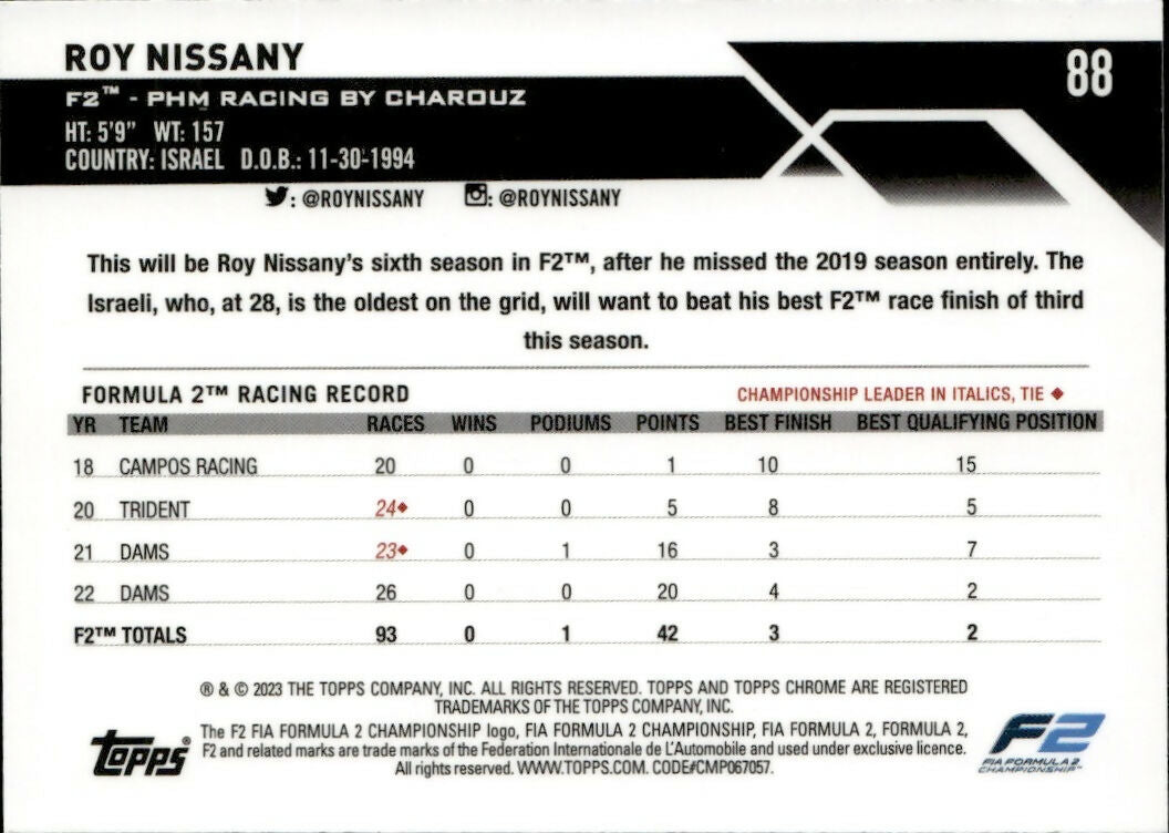 2023 Topps Chrome Formula 1 Base #88 - F2 Drivers Roy Nissany - F2 PHM Racing By Charouz - B