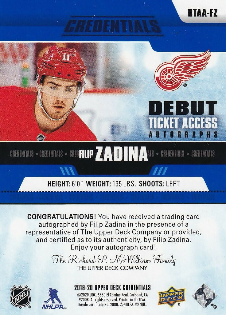2019-20 Upper Deck Credentials Debut Ticket Access Autographs Auto #RTAA-FZ Filip Zadina Detroit Red Wings