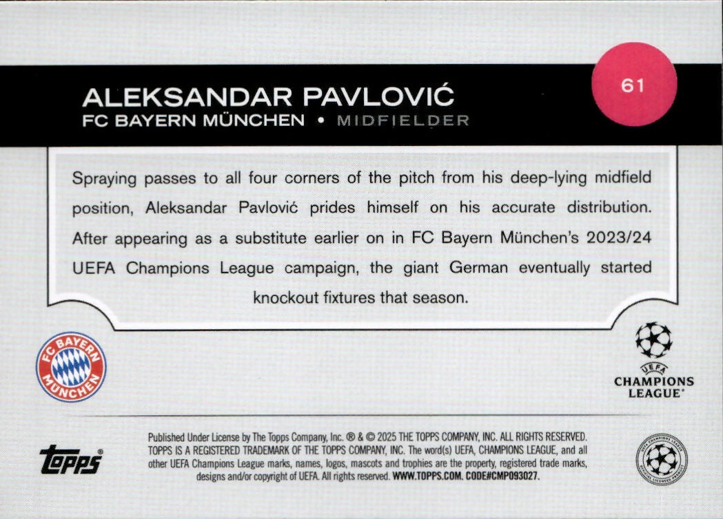 2024-25 Topps UEFA Club Competitions - Base #61 Aleksander Pavlovic - Fc Bayern Munchen - B