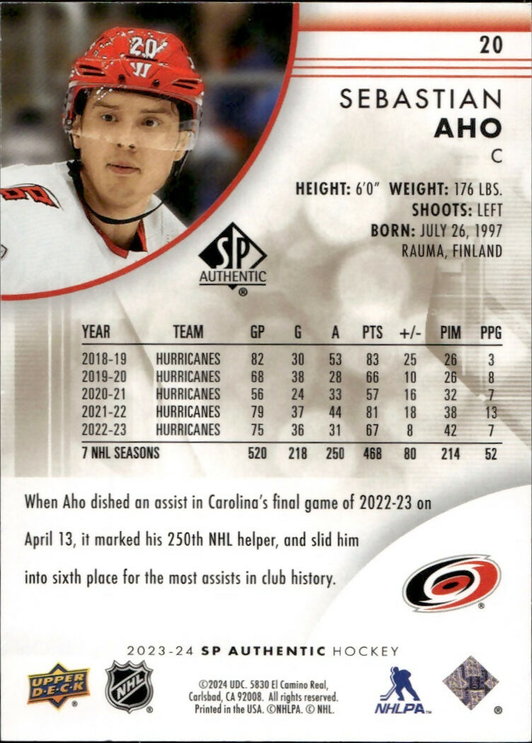 2023-24 Upper Deck SP Authentic Hockey - Base - Gold Limited :99 #20 Sebastian Aho - Carolina Hurricanes - B