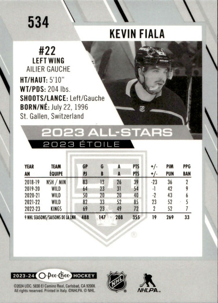 2023-24 Upper Deck O-Pee-Chee Hockey - Base - 2023 All Stars #534 Kevin Fiala - Los Angeles Kings - B