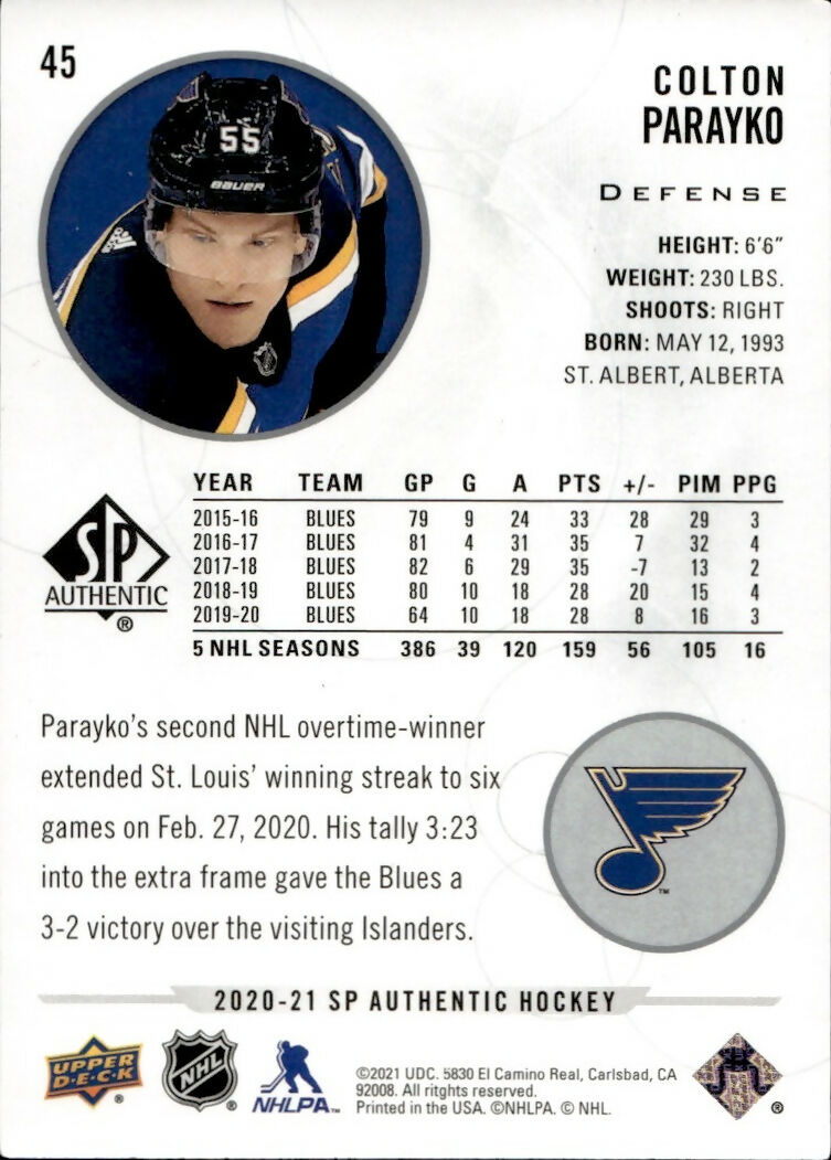 2020-21 Upper Deck Sp Authentic Hockey - Base #45 Colton Parayko - St Louis Blues - B