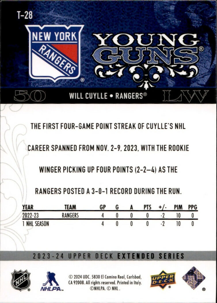 2023-24 Upper Deck Extended Series Hockey - Young Guns Renewed #T-28 Will Cuylle - New York Rangers - B