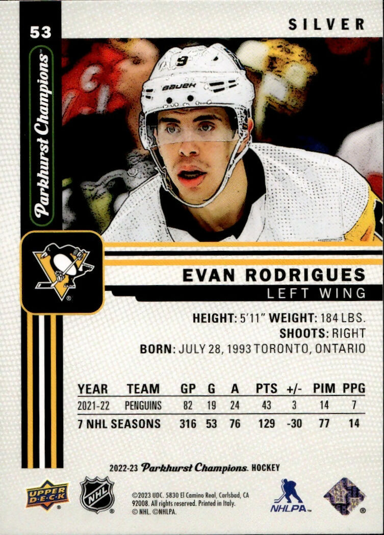 2022-23 Upper Deck Parkhurst Champions - Base - Silver #53 Evan Rodrigues - Pittsburgh Penguins - B