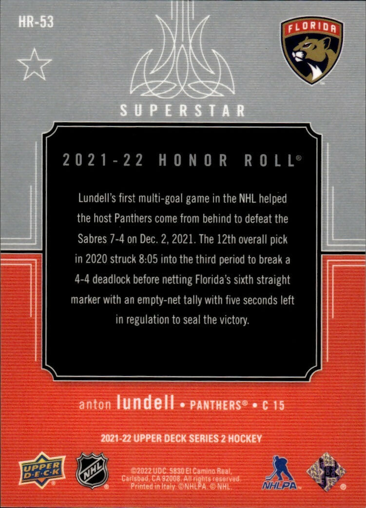 2021-22 Upper Deck Series 2 Hockey - Honor Roll #HR-53 Anton Lundell - Florida Panthers - B