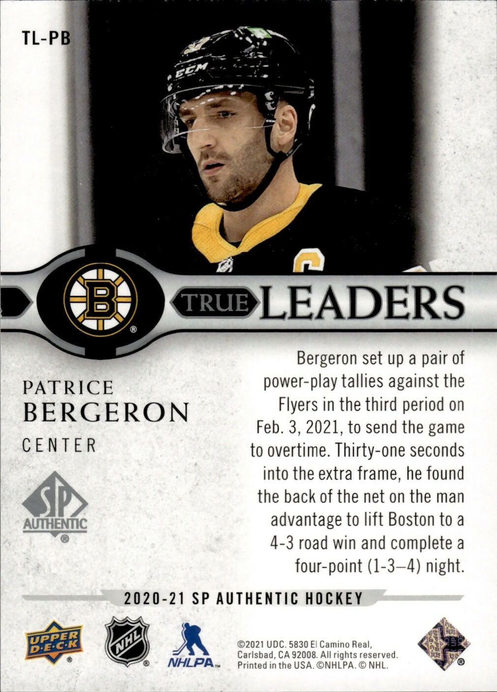 2020-21 Upper Deck Sp Authentic Hockey - True Leaders #TL-PB Patrice Bergeron - Boston Bruins