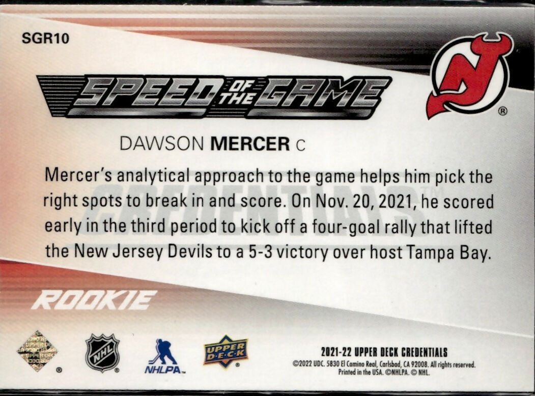 2021-22 Upper Deck Credentials Speed of the Game Rookies #SGR10 Dawson Mercer New Jersey Devils