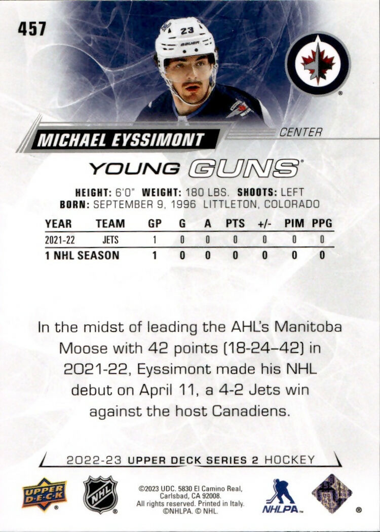 2022-23 Upper Deck Series 2 Hockey - Base - Young Guns #457 Michael Eyssimont - Winnipeg Jets - B