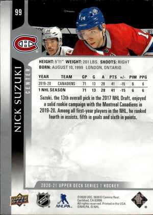 2020-21 Upper Deck Series 1 Hockey #99 Nick Suzuki - Montreal Canadiens