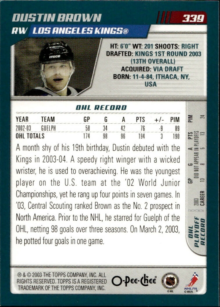2003-04 O-Pee-Chee - Base #339 Dustin Brown - Los Angeles Kings - B
