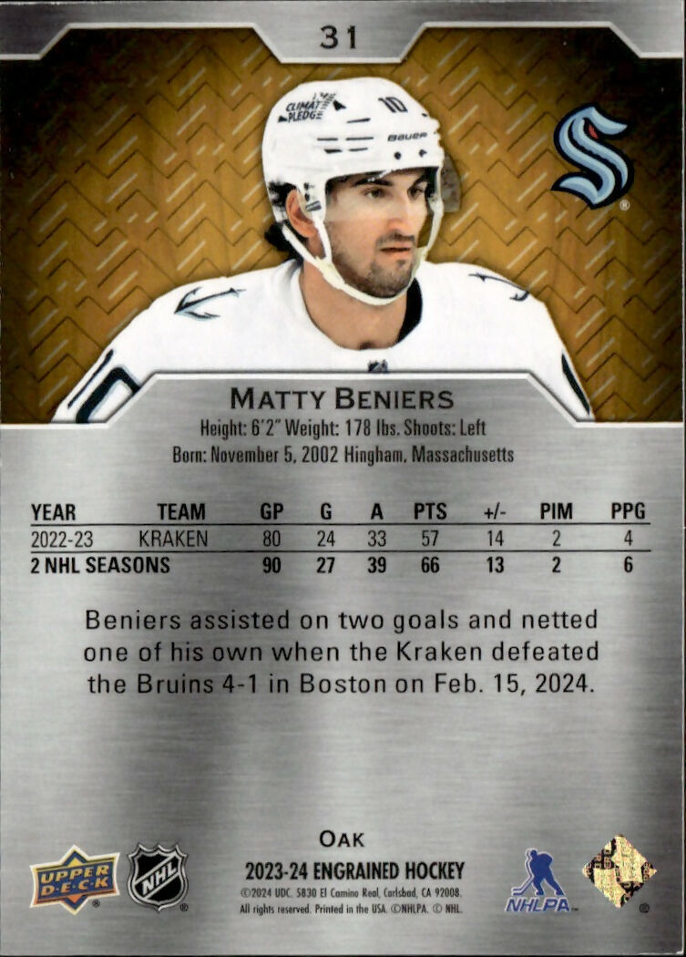 2023-24 Upper Deck Engrained Hockey - Base :349 #31 Matty Beniers - Seattle Kraken - B