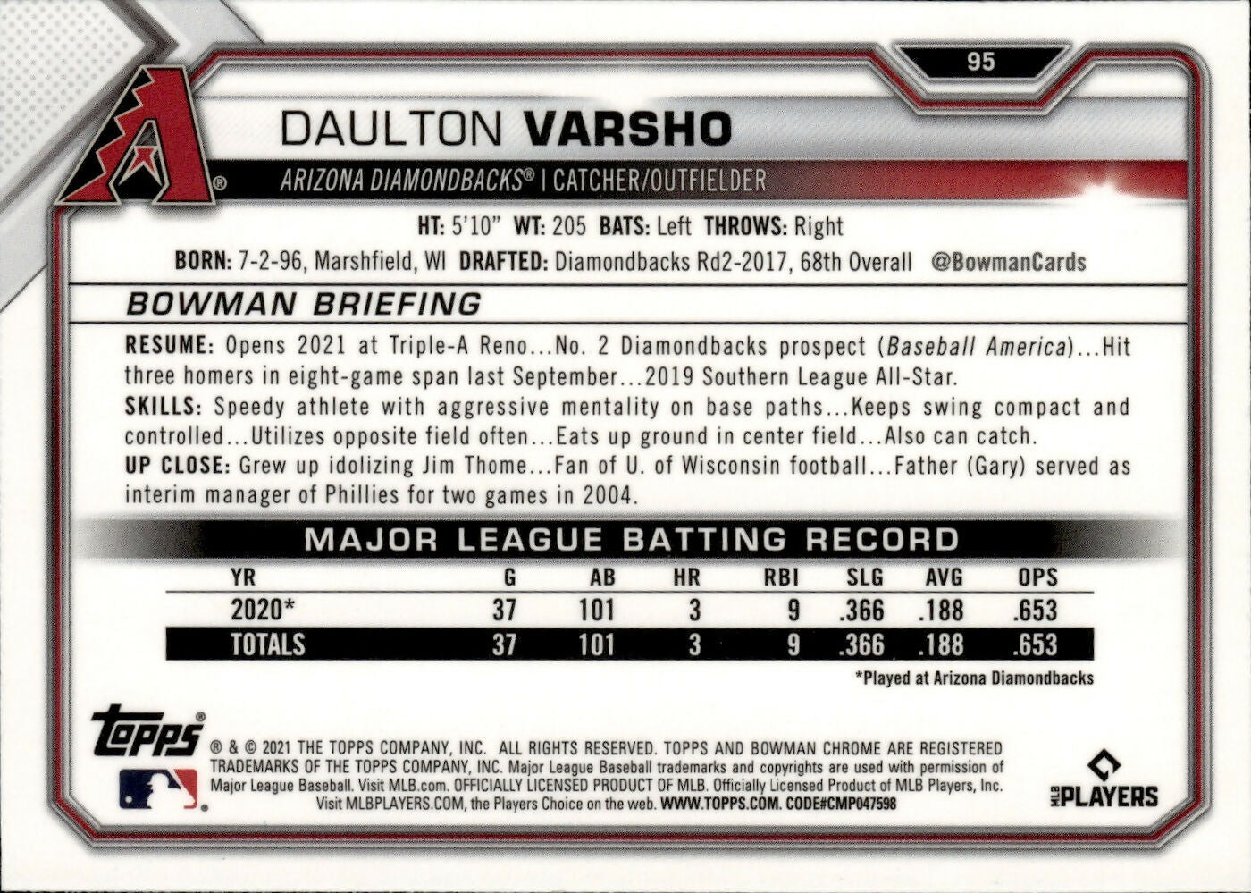2021 Bowman Chrome Baseball - [Base] #95 Daulton Varsho - Arizona Diamondbacks - B