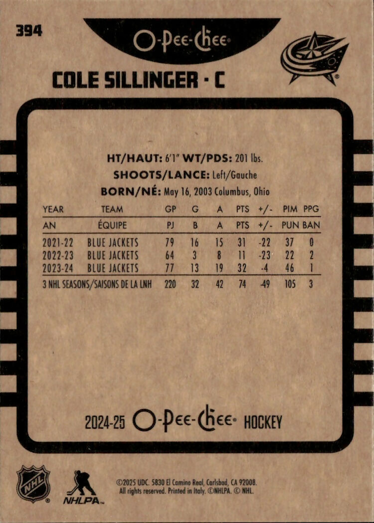 2024-25 Upper Deck O-Pee-Chee - Base - Retro #394 Cole Sillinger - Columbus Blue Jackets - B