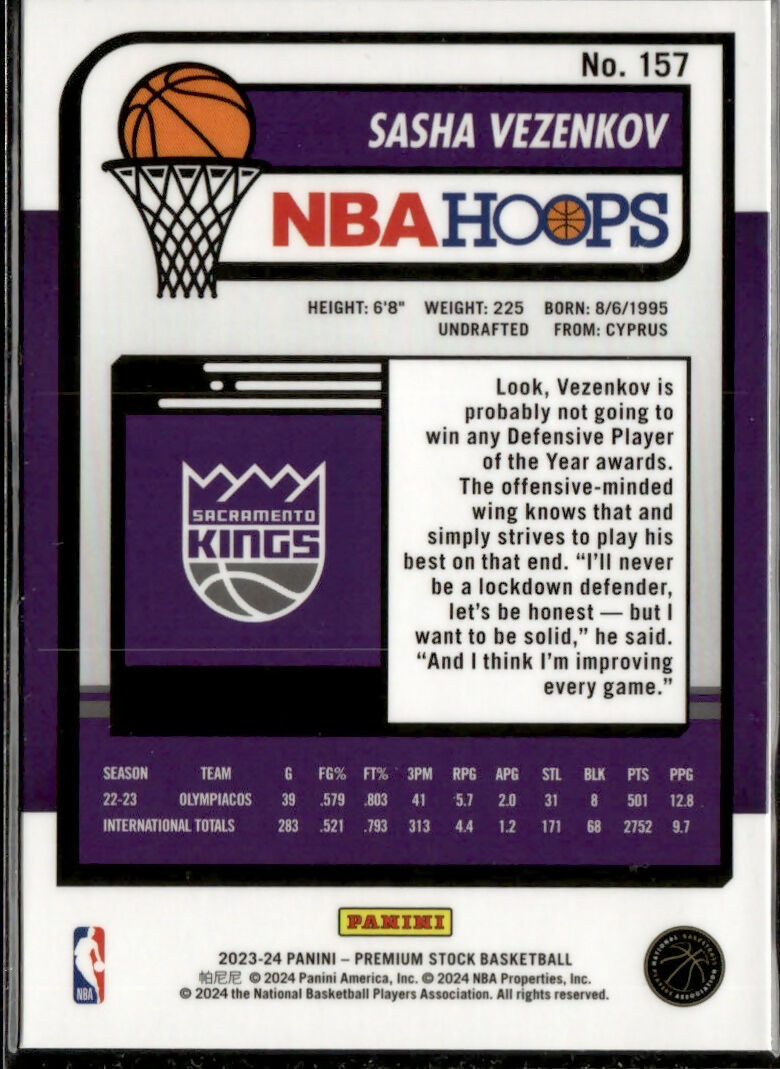 2023-24 Panini NBA Hoops Premium Stock - Base #157 Sasha Vezenkov - Sacramento Kings - B