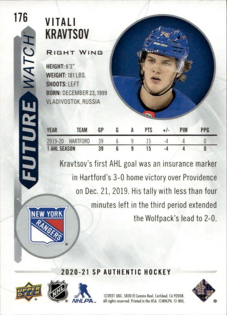 2020-21 Upper Deck SP Authentic Hockey - Base - Future Watch :999 #176 Vitali Kravtsov - New York Rangers - B
