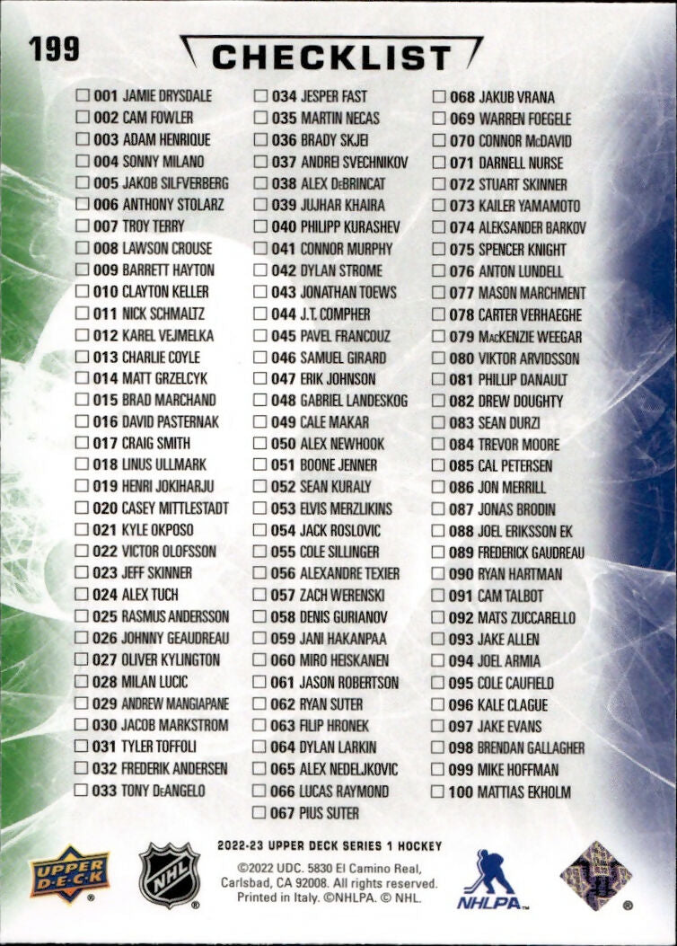 2022-23 Upper Deck Series 1 Hockey - Base #199 Checklist - Jason Robertson:Igor Shesterkin - B