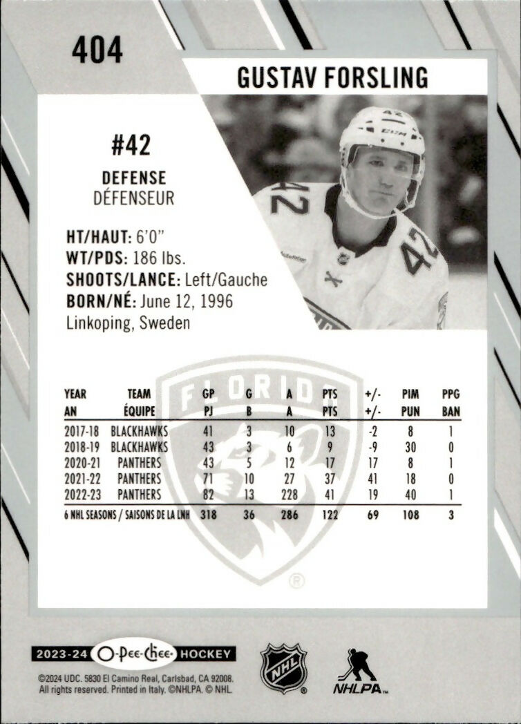 2023-24 Upper Deck O-Pee-Chee Hockey - Base #404 Gustav Forsling - Florida Panthers - B