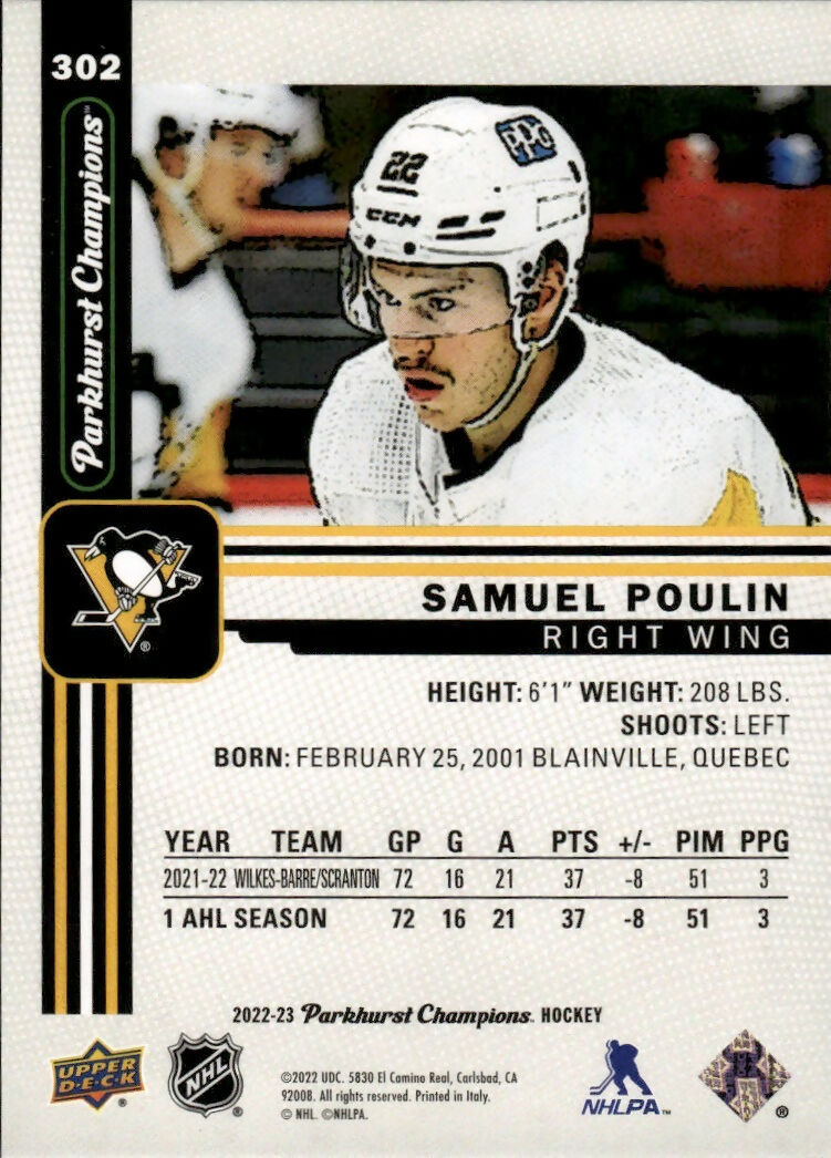 2022-23 Upper Deck Parkhurst Champions - Base #302 Samuel Poulin - Pittsburgh Penguins