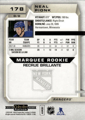 2018-19 O-Pee-Chee Platinum Hockey - Base - Marquee Rookie #178 Neal Pionk - New York Rangers