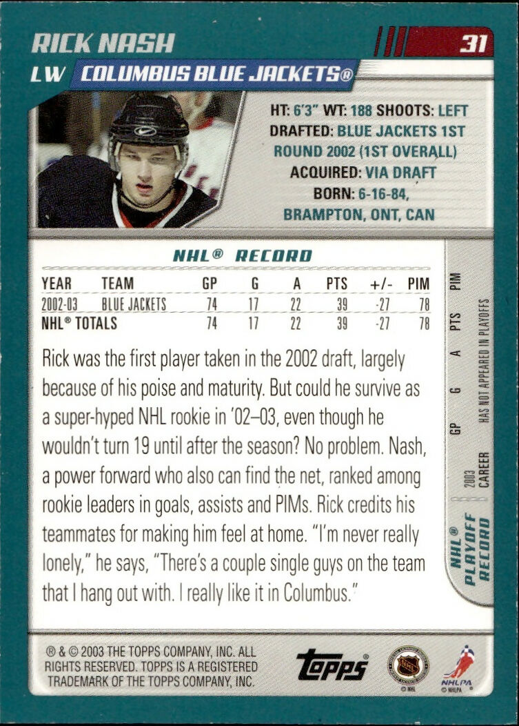2003-04 O-Pee-Chee - Base - Blue :500 #31 Rick Nash - Columbus Blue Jackets - B