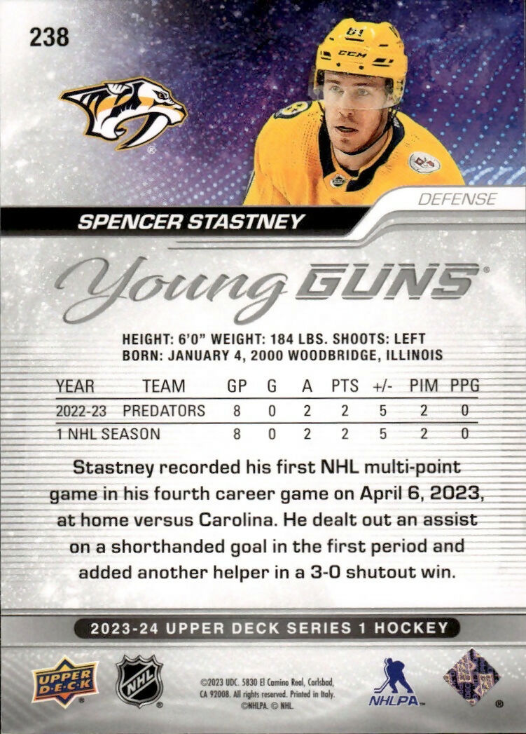 2023-24 Upper Deck Series 1 Hockey - Base - Young Guns #238 Spencer Stastney - Nashville Predators