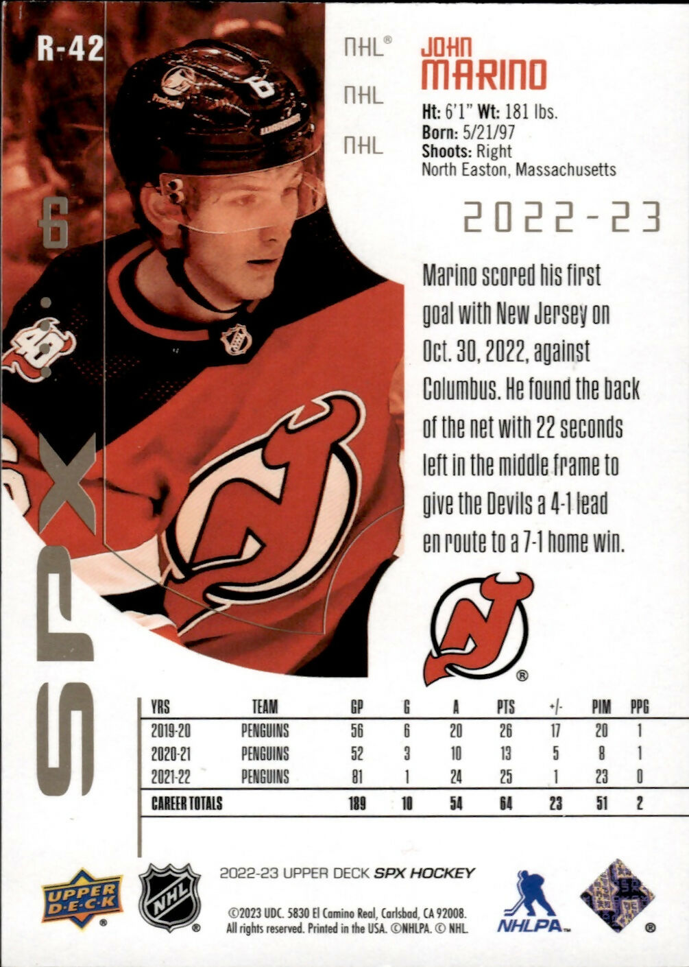 2022-23 Upper Deck SPX Hockey - Base - Retro /10 #R-42 John Marino - New Jersey Devils