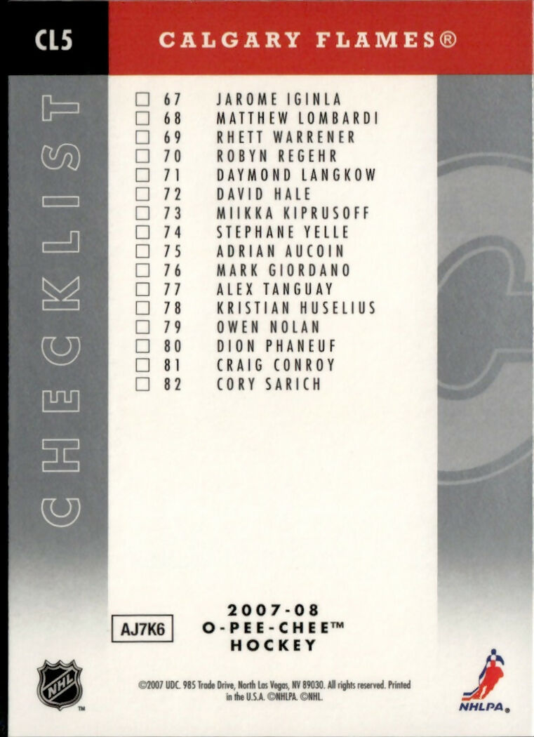 2007-08 O-Pee-Chee - Team Checklist #CL5 Calgary Flames - B