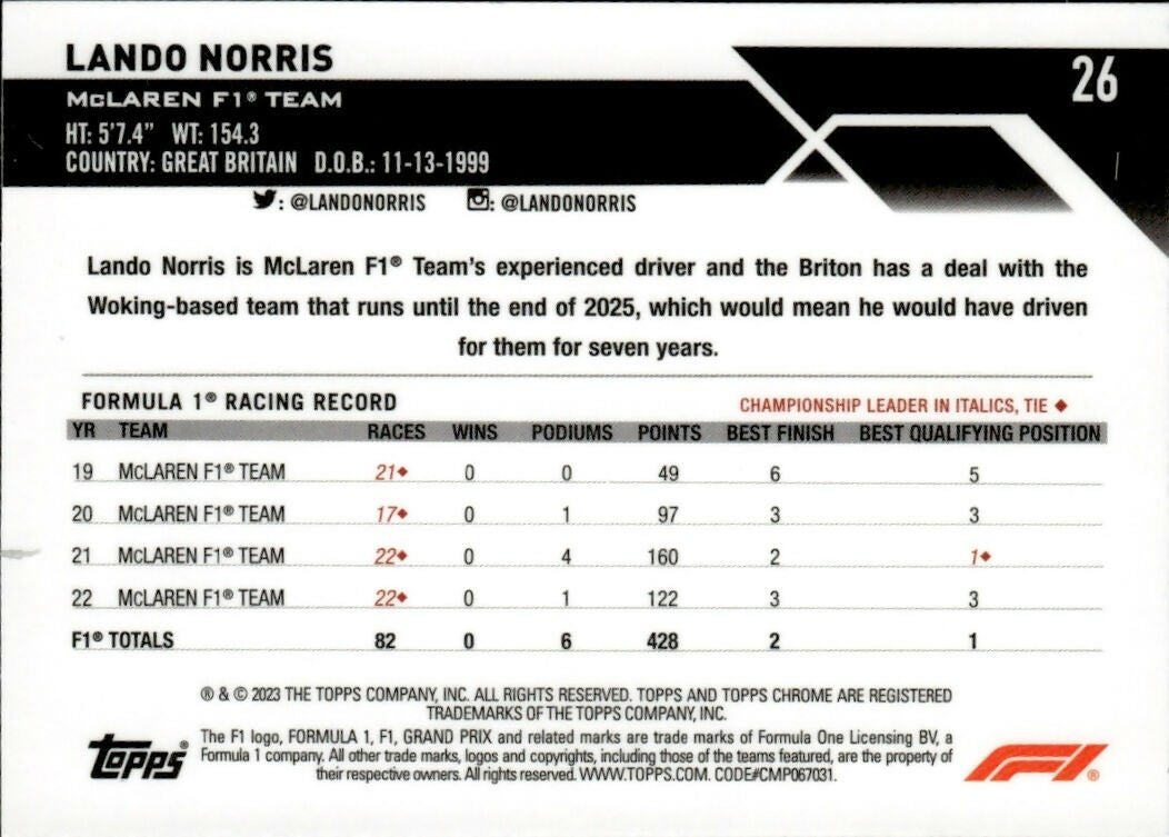 2023 Topps Chrome Formula 1 Base #26 - F1 Drivers - Refractor - Pink Lava Lando Norris - McLaren F1 Team - B