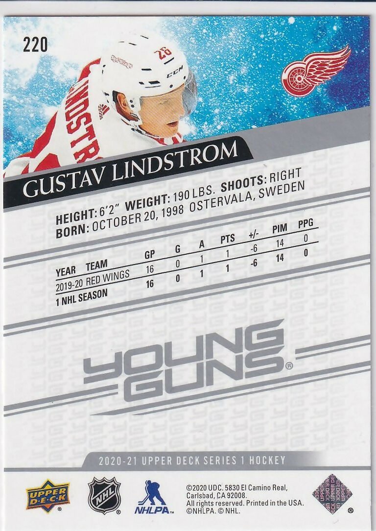 2020-21 Upper Deck #220 Gustav Lindstrom Detroit Red Wings Rookie