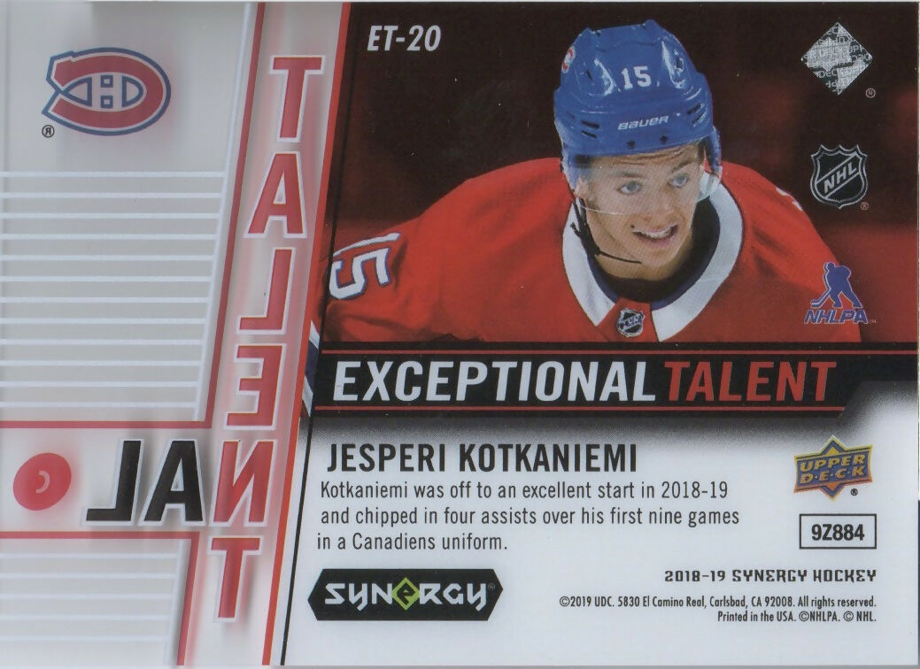 2018-19 Upper Deck Synergy Hockey - Exceptional Talent /749 #ET-20 Jesperi Kotkaniemi - Montreal Canadiens