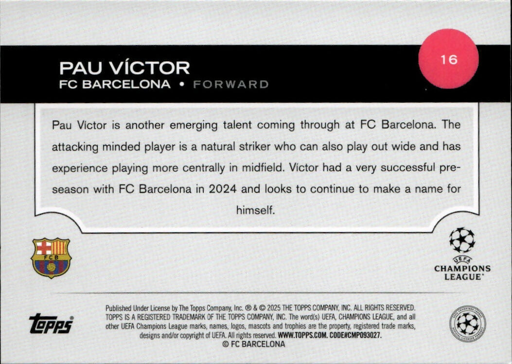 2024-25 Topps UEFA Club Competitions - Base #16 Pau Victor - FC Barcelona - B