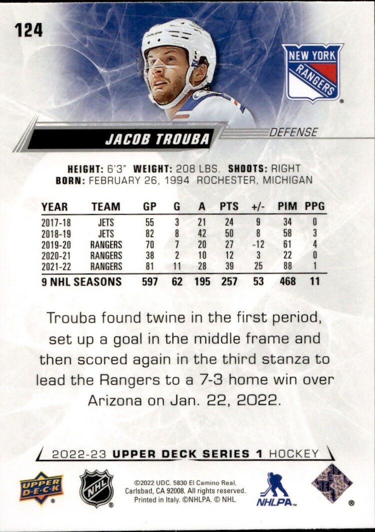 2022-23 Upper Deck Series 1 Hockey - Base #124 Jacob Trouba - New York Rangers - B