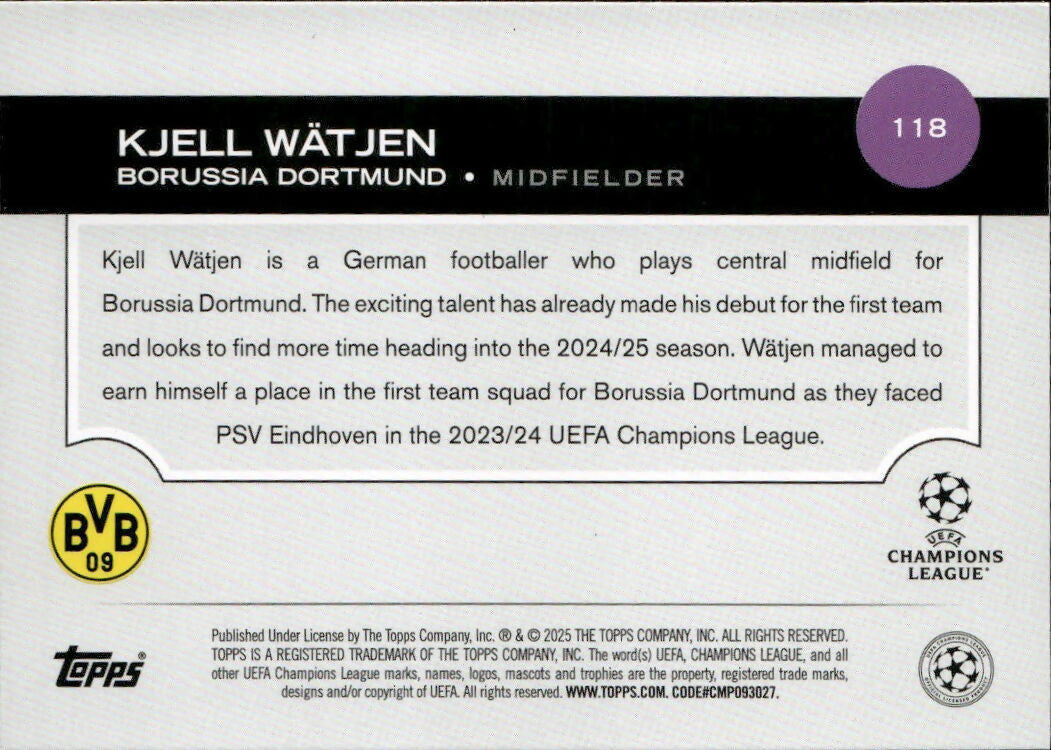 2024-25 Topps UEFA Club Competitions - Base #118 Kjell Watjen - Borussia Dortmund - B