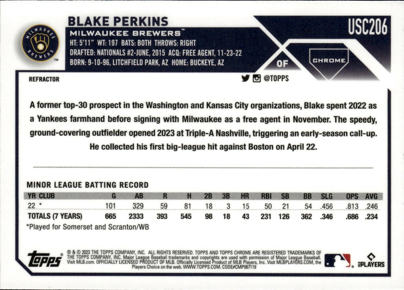 2023 Topps Chrome Update Series Baseball - [Base] - Refractor #USC206 Blake Perkins - Milwaukee Brewers - B
