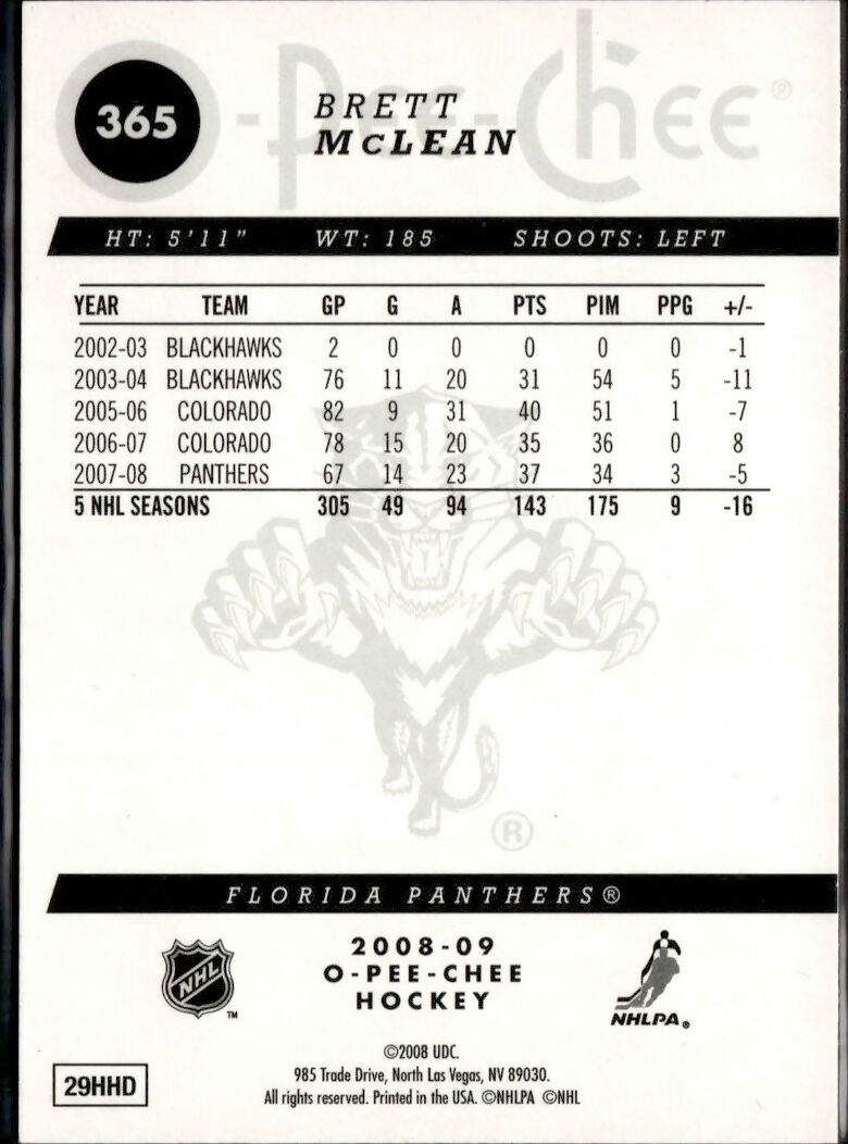 2008-09 O-Pee-Chee Hockey - Base - Rainbow Foil #365 Brett McLean - Florida Panthers - B