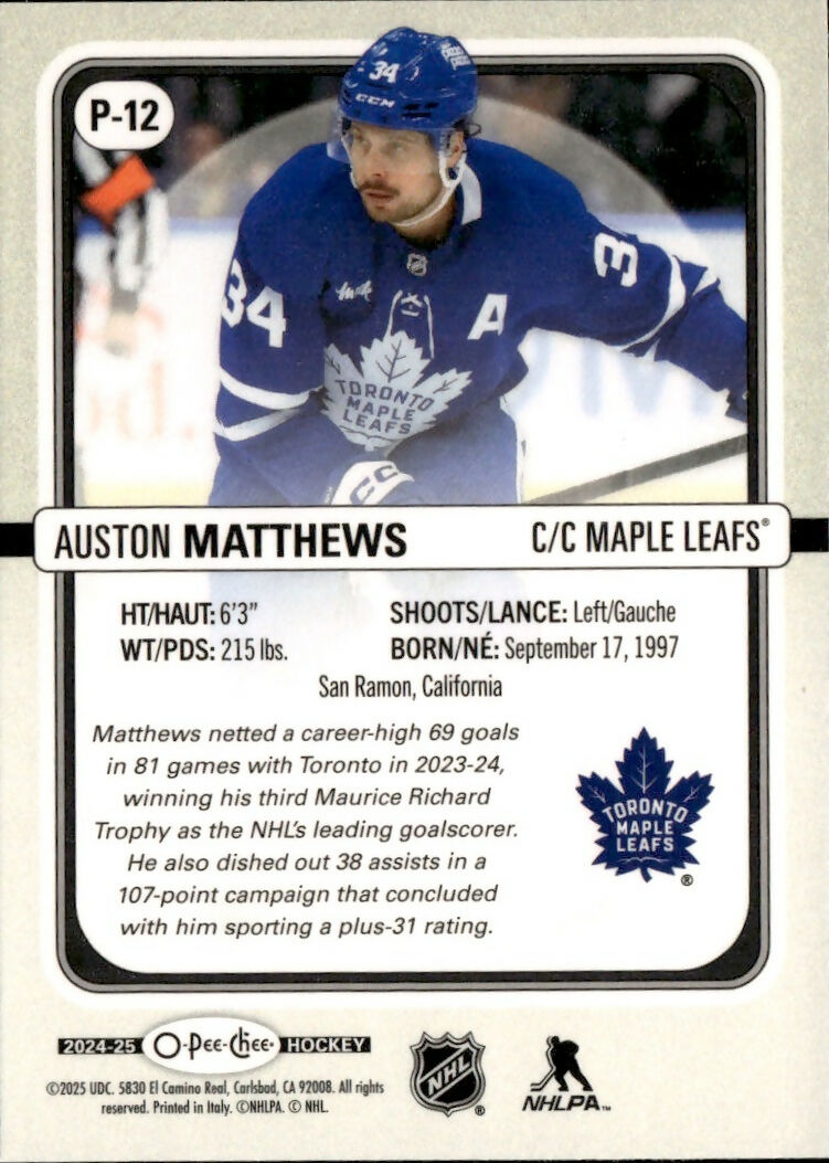 2024-25 Upper Deck O-Pee-Chee - Premier #P-12 Auston Matthews - Toronto Maple Leafs - B