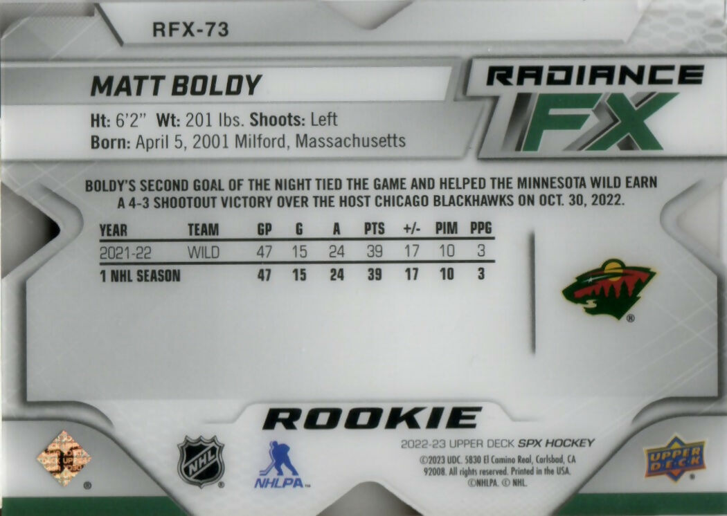 2022-23 Upper Deck SPX Hockey -  Radiance F:X - Red :249 #RFX-73 Matt Boldy - Minnesota Wild - B