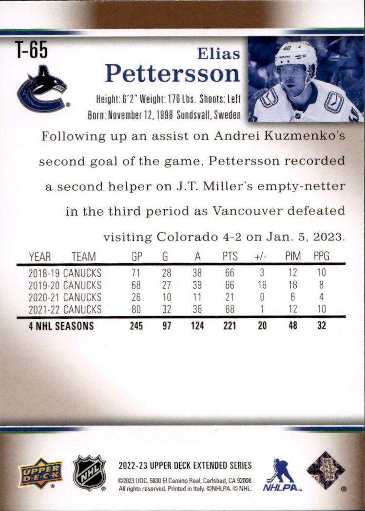 2022-23 Upper Deck Extended Series - 2007-08 Upper Deck Retro #T-65 Elias Pettersson - Vancouver Canucks - B