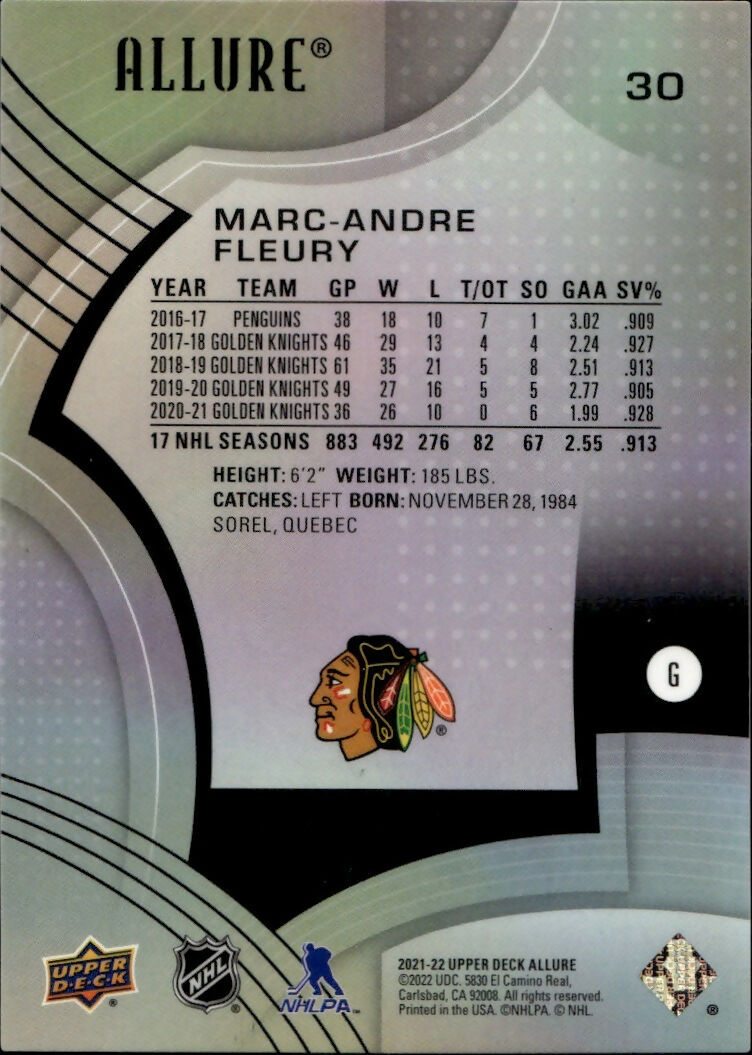 2021-22 Upper Deck Allure Hockey - Base #30 Marc-Andre Fleury - Chicago Blackhawks - B