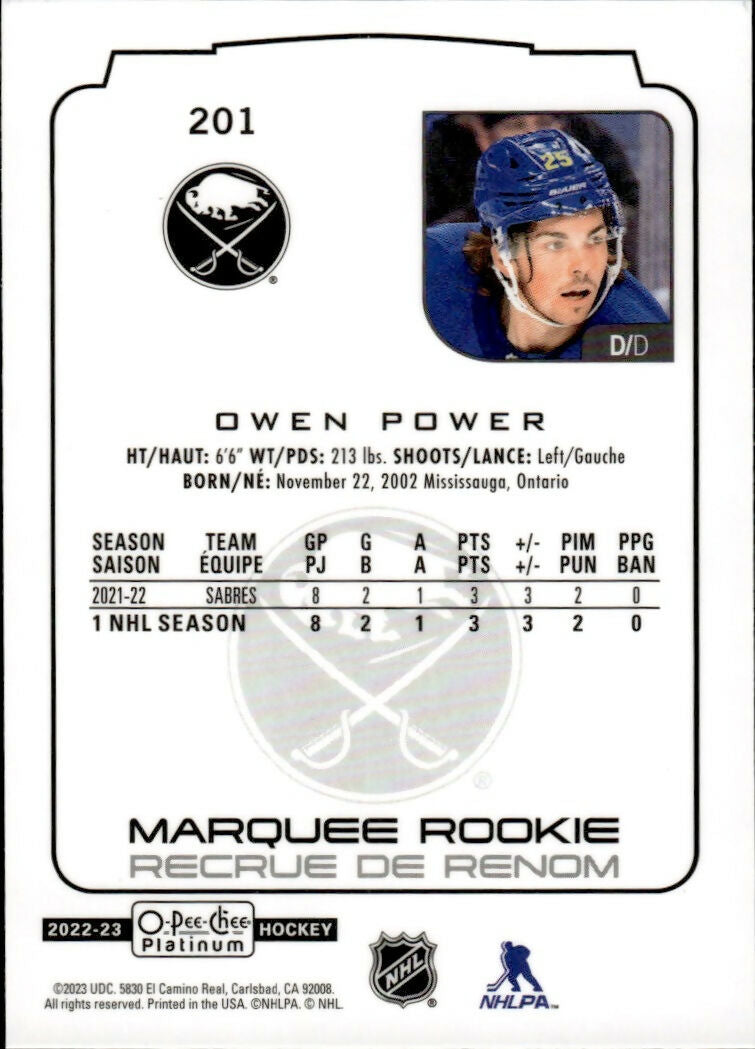 2022-23 Upper Deck O-Pee-Chee Platinum Hockey - Base - Marquee Rookie #201 Owen Power - Buffalo Sabres