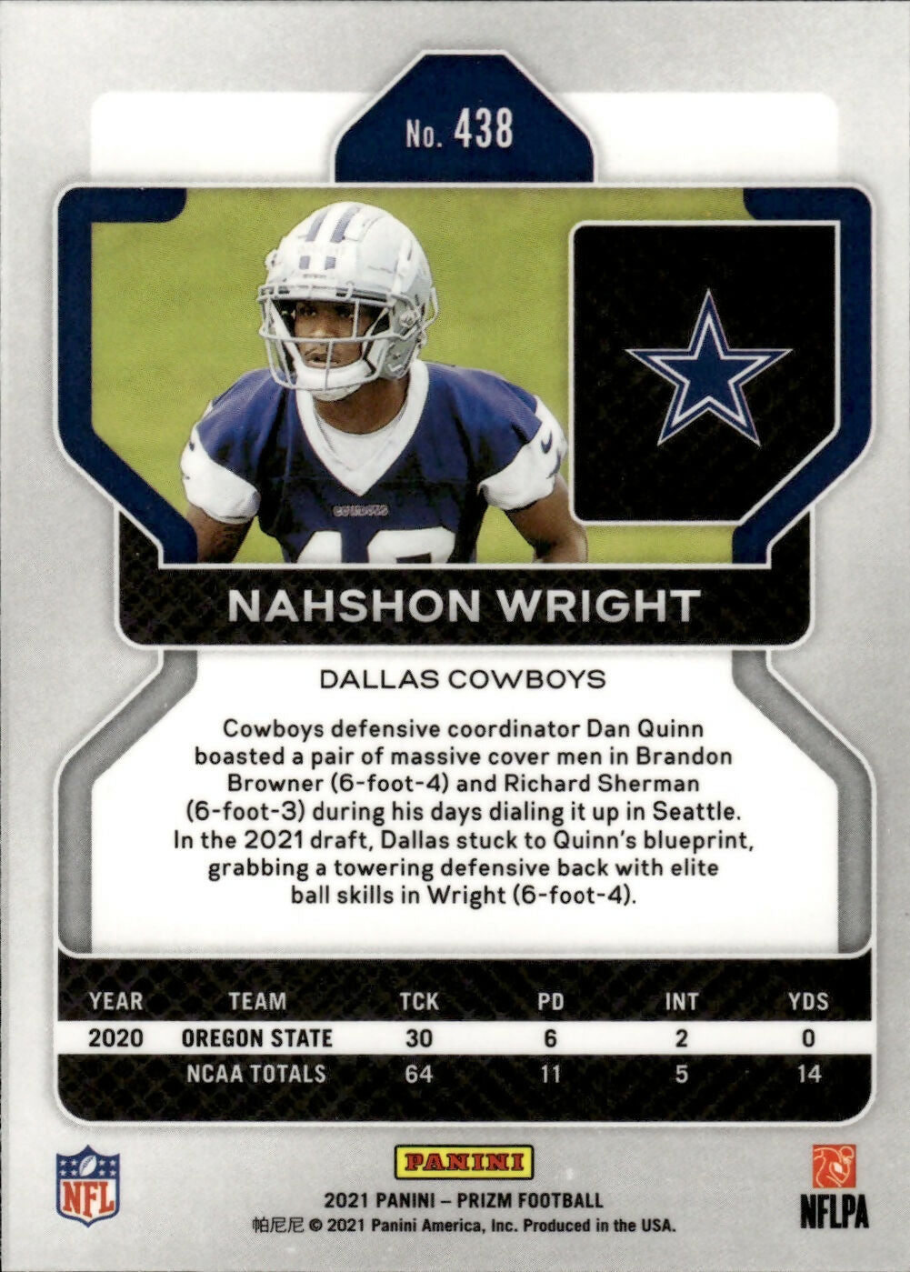 2021 Panini Prizm Football Base #438 Nahshon Wright RC Dallas Cowboys - B