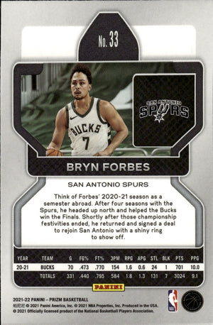 2021-22 Panini Prizm Basketball - Base # 33 Bryn Forbes - San Antonio Spurs