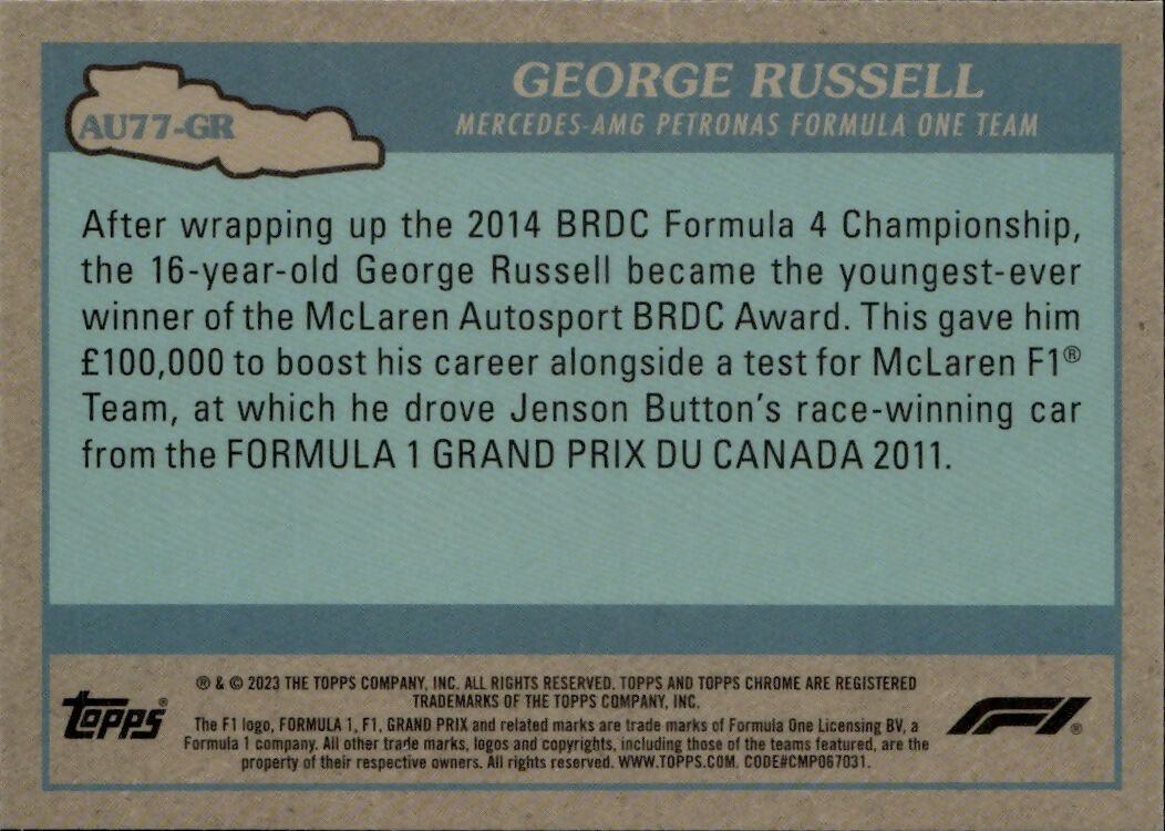 2023 Topps Chrome Formula 1 Autos of 1977 #AU77-GR George Russell - Mercedes-AMG Petronas Formula One Team - B